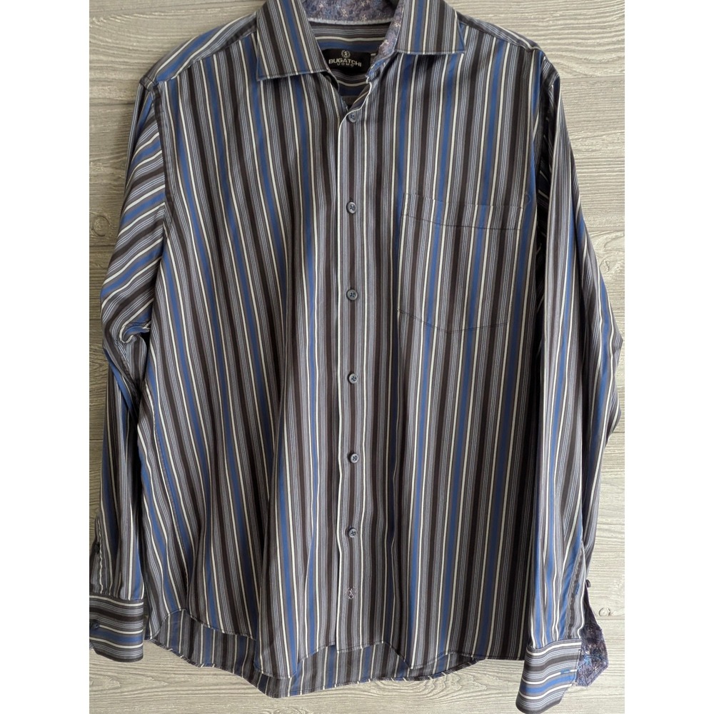 Bugatchi Uomo Mens Blue Grey Striped Long Sleeve Button Down Shirt Floral Trim